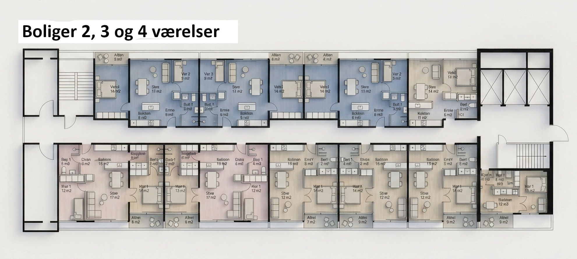 Planløsning for 2, 3 og 4 værelses lejligheder